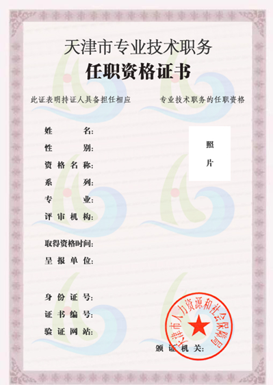 天津市專業(yè)技術職務任職資格電子證書樣式
